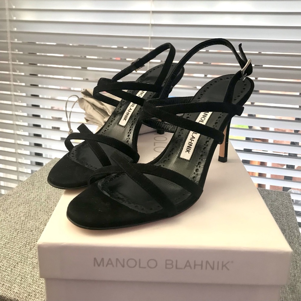 NIB Manolo Blahnik Amazia Suede Heel Black Sandal Strap 35.5 NEW